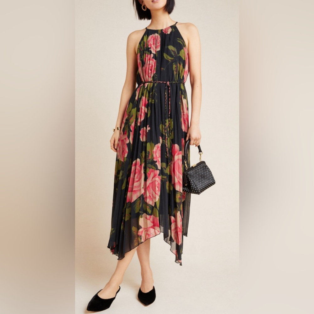Anthropologie Black Maxi Dress with Pink and Green Floral